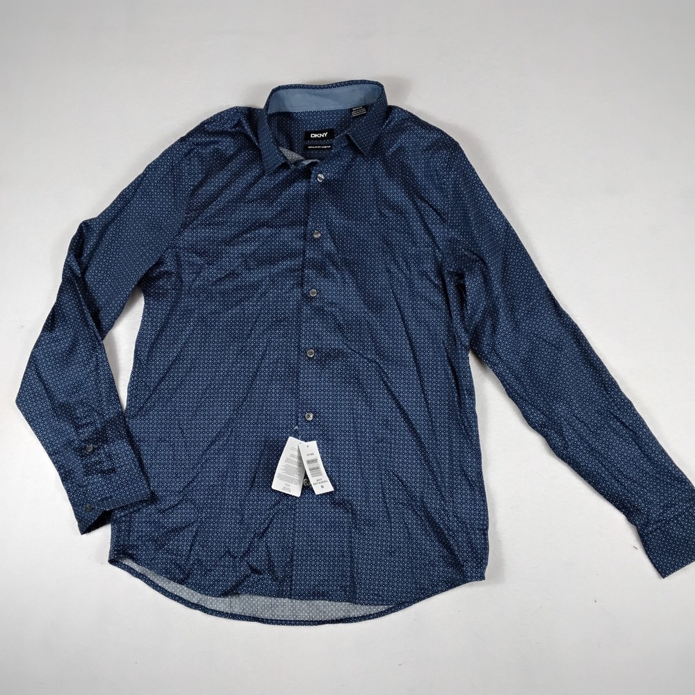 DKNY Mens M Blue Geometric Button Up Shirt Regular Fit Stretch Long Sleeve NWT